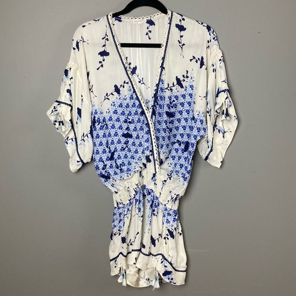 Poupette St. Barth Pants - Poupette St Barth kimono meets romper blousy blue cream floral small silk